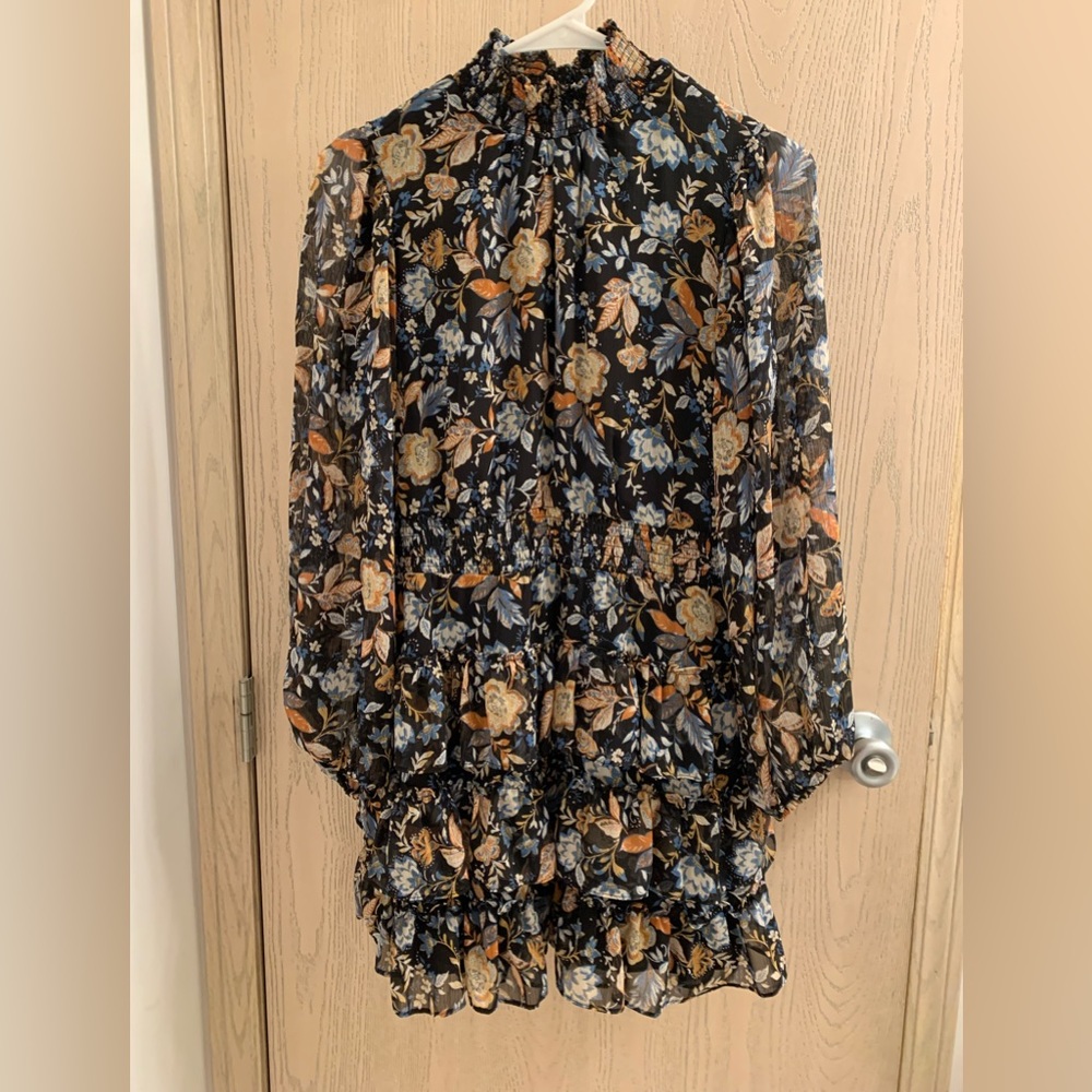 EXPRESS FLORAL MOCK NECK TIERED RUFFLE DRESS